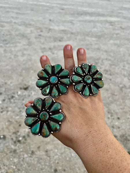 BIG Green flowers turquoise rings