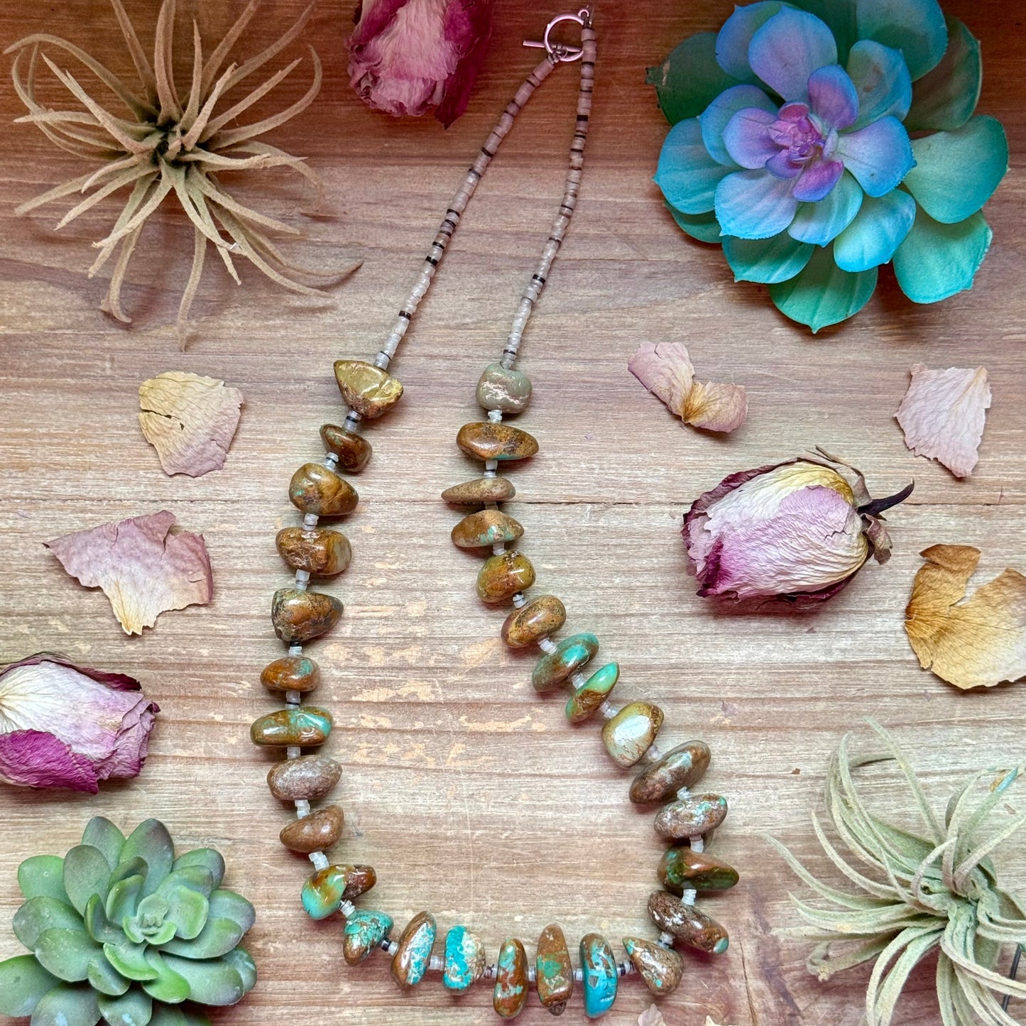 26 inch shell and turquoise nugget necklace with non tarnish hook handmade in the USA by The Bijoux FAB