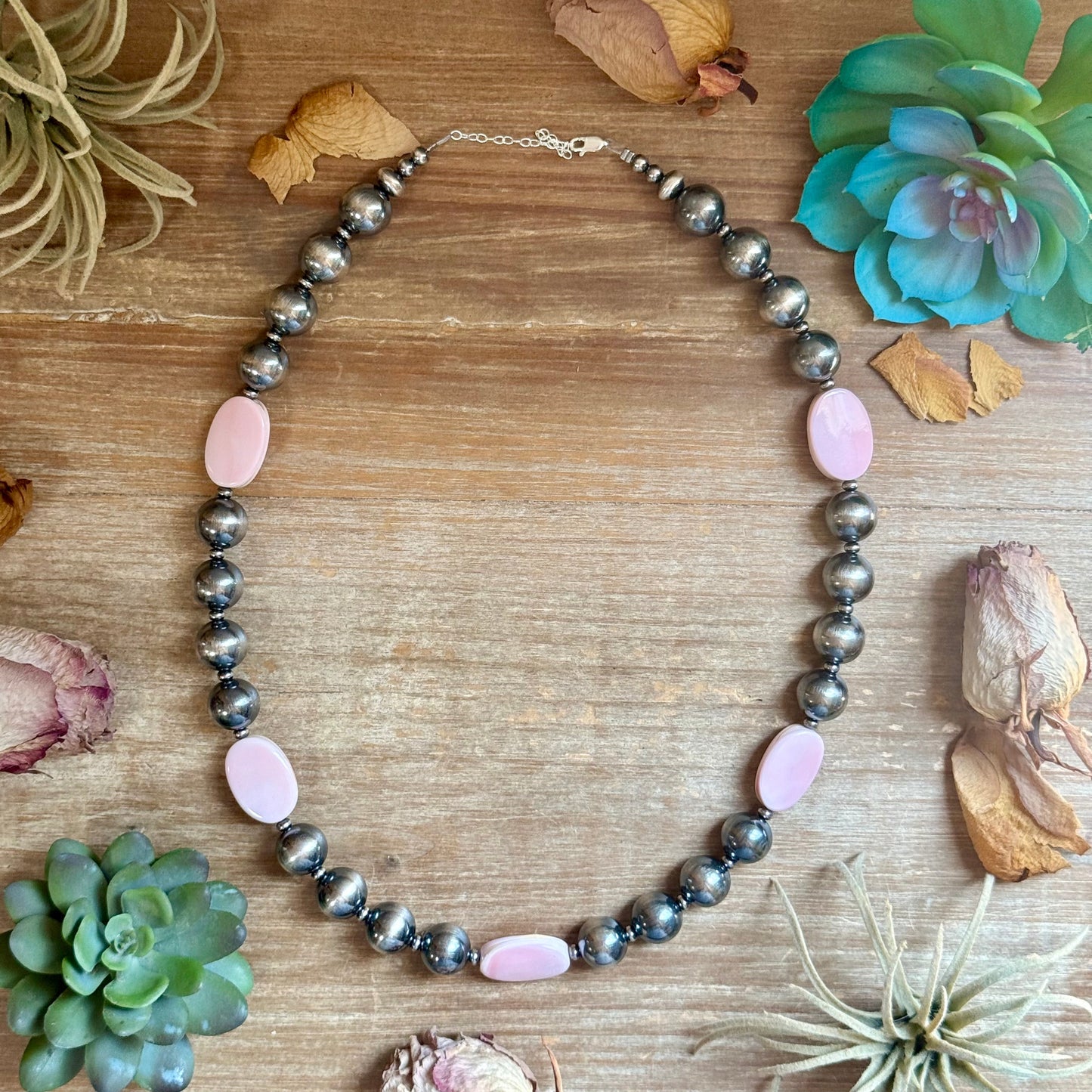 Pink Conch Oval & Sterling Silver Pearl Necklace