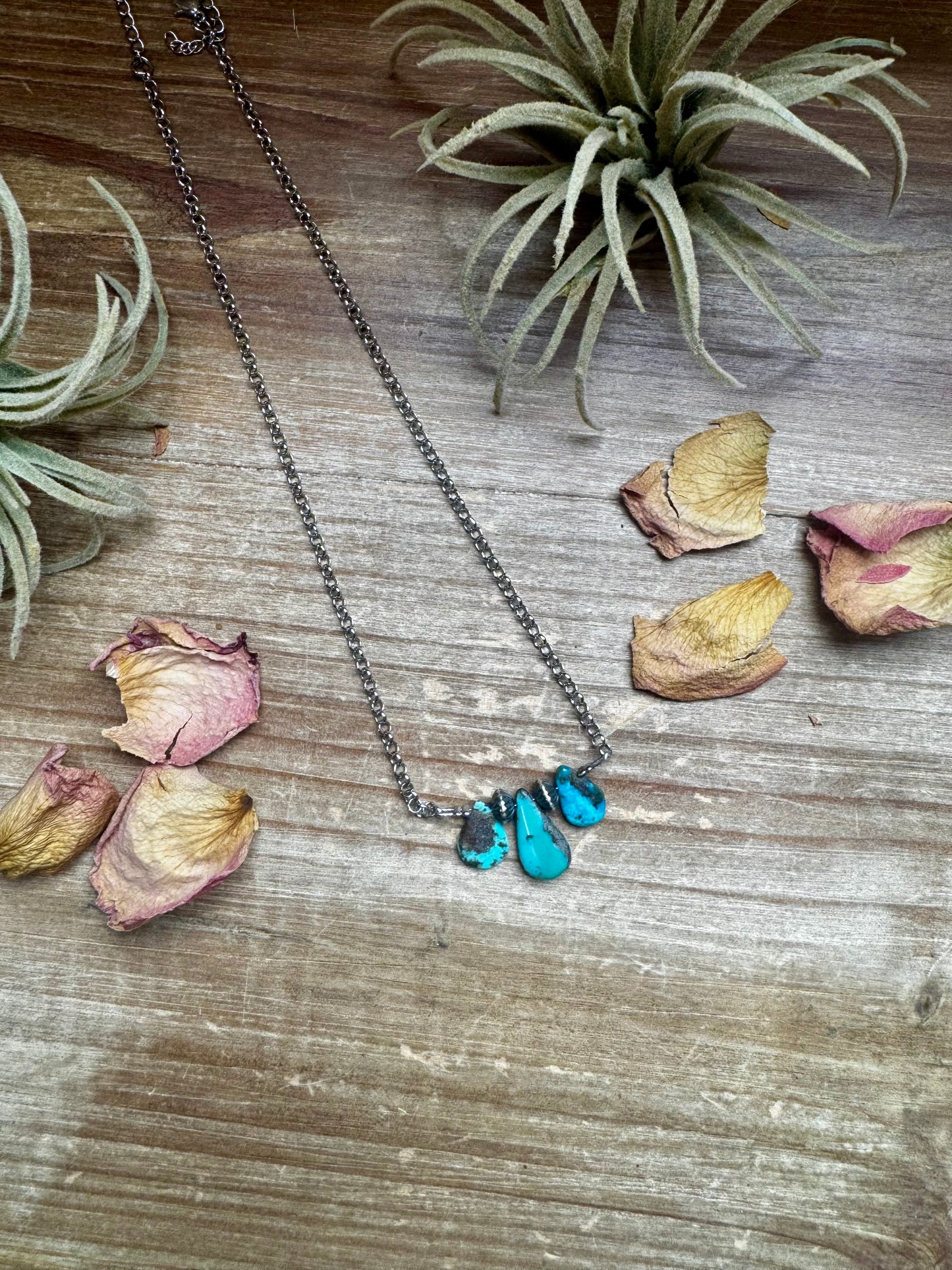 16-inch handmade necklace with bright blue turquoise and sterling silver pearls, made in Texas
