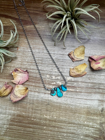 16-inch handmade necklace with bright blue turquoise and sterling silver pearls, made in Texas
