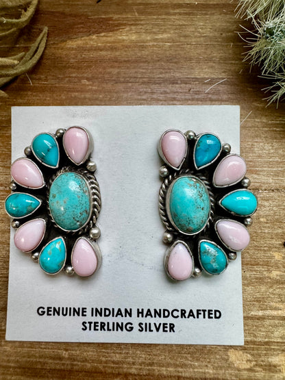 Cluster Stud earrings - Turquoise and pink conch Earrings option 2