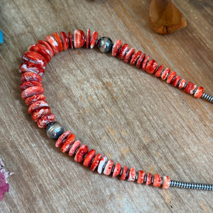 22-Inch Graduated Orange and Red Spiny Oyster & Sterling Silver Pearl Necklace