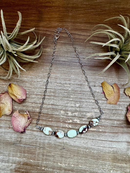 Handmade 15-inch lemon turquoise magnetite necklace with 5mm sterling silver saucer pearls on silver paperclip chain, made by The Bijoux FAB