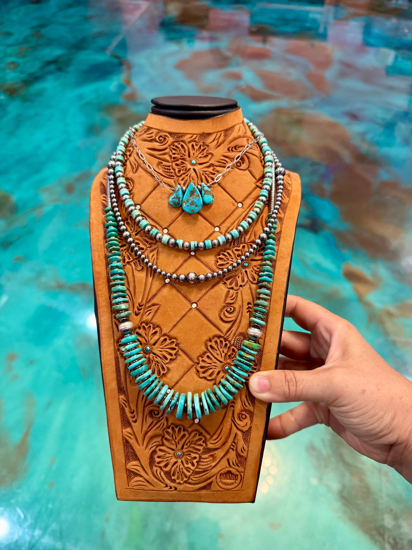turquoise layered necklace stack 4 piece set sterling silver handmade USA jewelry