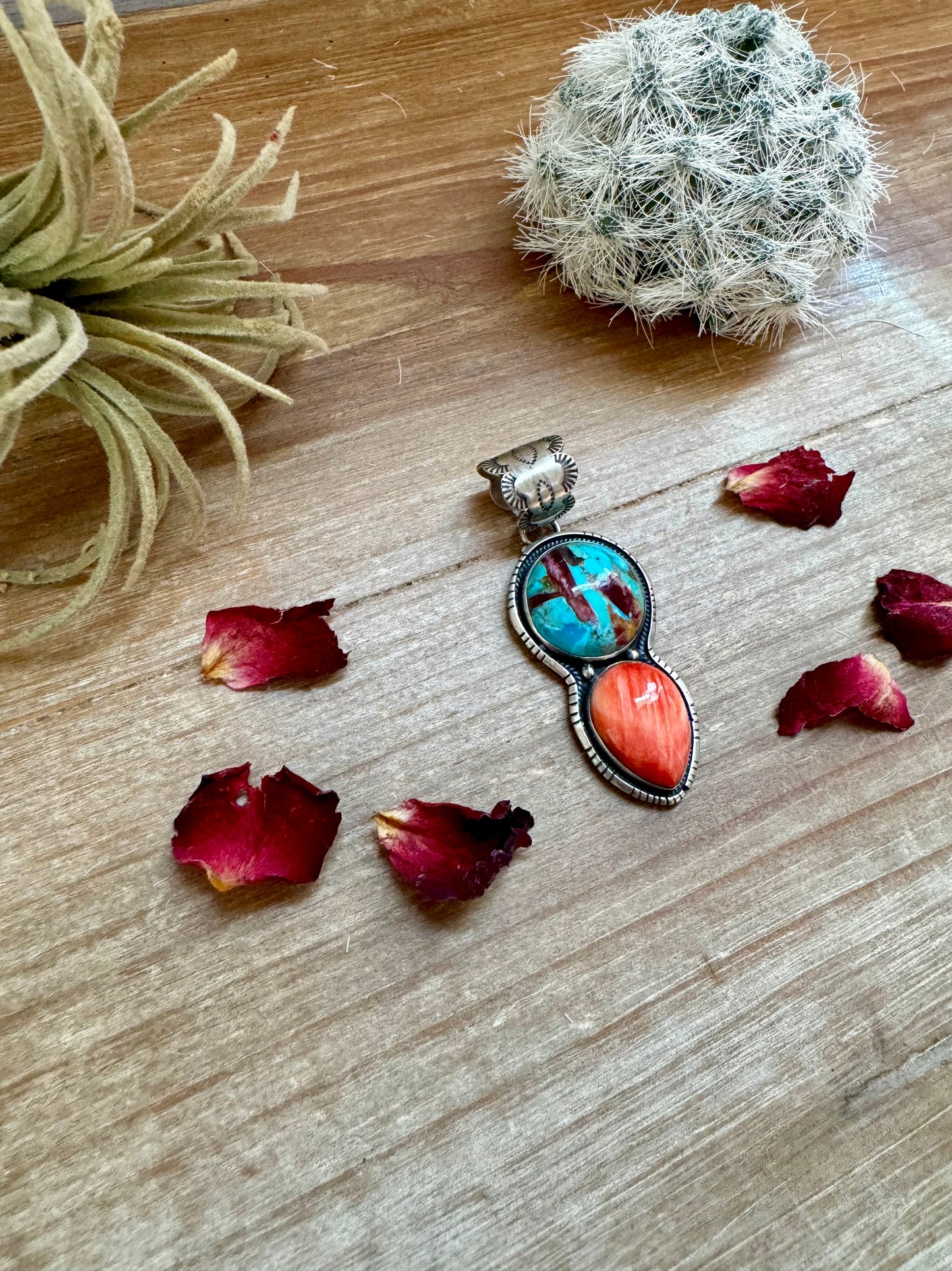 Pendant - sterling silver with orange spiny and turquoise