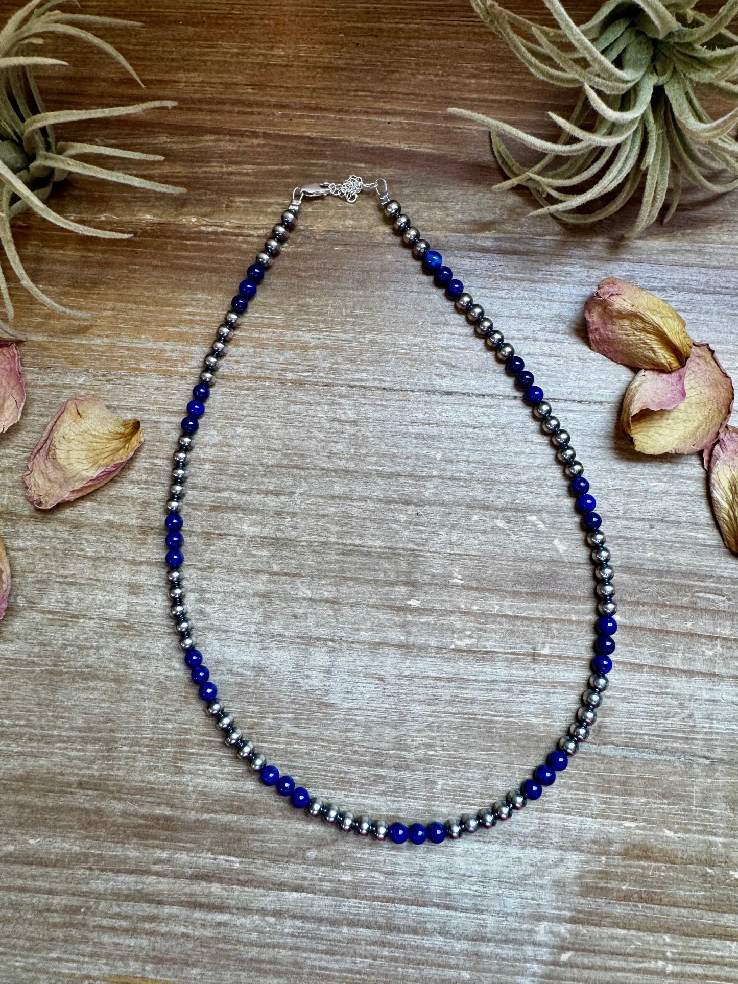 Handmade 18-inch necklace with 5mm lapis beads and 5mm sterling silver pearls, made by The Bijoux FAB