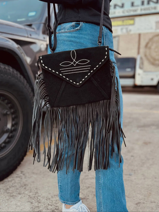 Black Suede Leather Bootstitch Fringe Crossbody