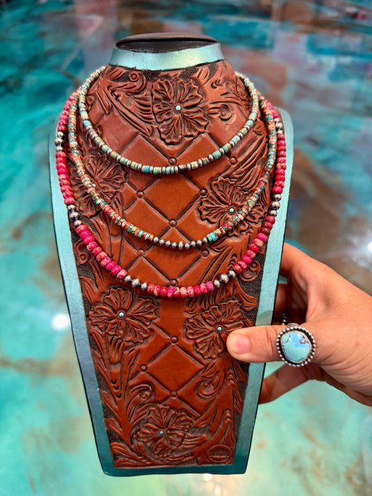 Turquoise and pink sea sediment layered necklace stack with sterling silver pearls handmade in the USA
