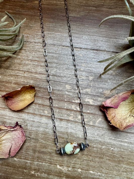 Handmade 16-inch lemon turquoise magnesite necklace with sterling silver saucer pearls and silver-plated chain, made by The Bijoux FAB