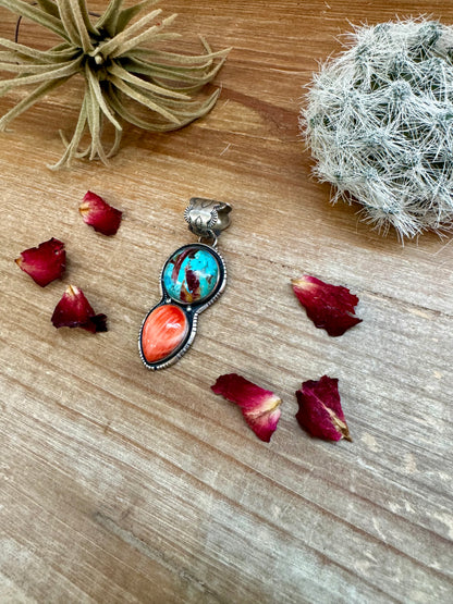 Pendant - sterling silver with orange spiny and turquoise