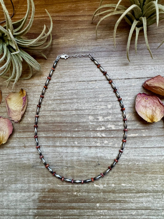 Handmade 14-inch sterling silver torpedo choker with red and purple spiny oyster heishi beads, plus extender, made by The Bijoux FAB