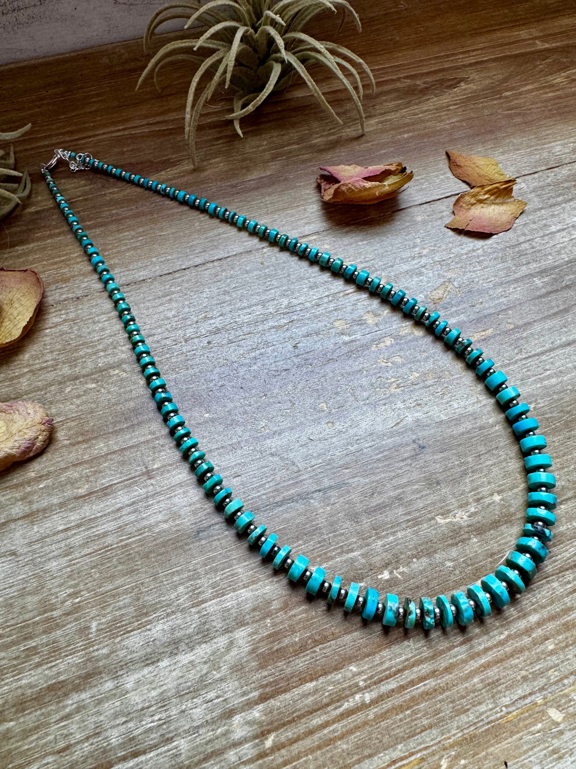 Handmade 20.5-inch turquoise disk necklace with graduated beads and 3mm sterling silver pearls, finished with lobster clasp and extender, made by The Bijoux FAB