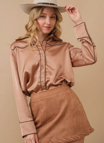 Tan Western Contrast Piping Detail Studded Shirt Blouse