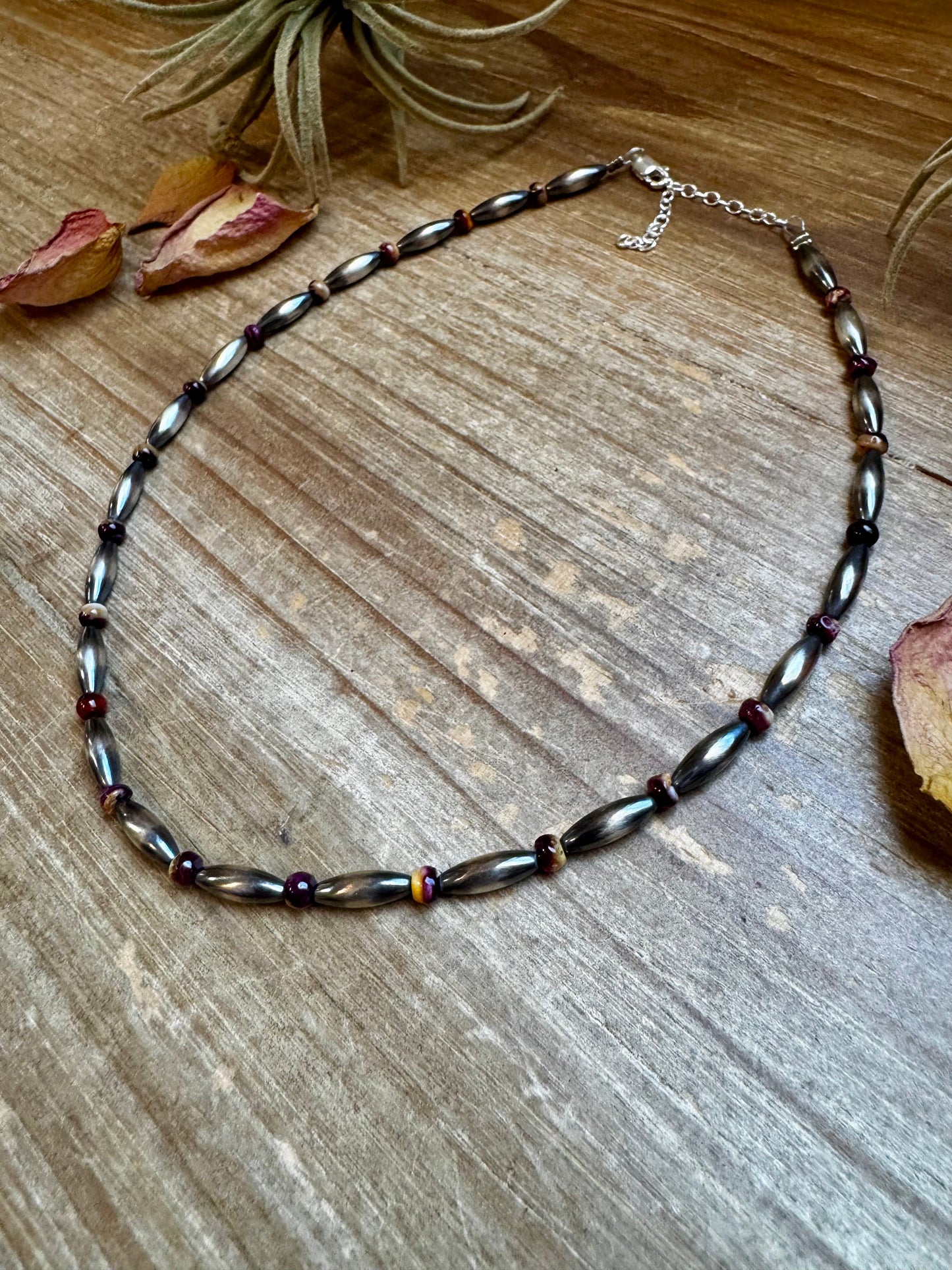 Handmade 14-inch sterling silver 4x12mm torpedo choker with purple spiny oyster heishi beads, finished with extender, made by The Bijoux FAB