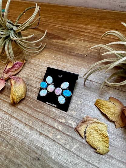 Sterling silver half-cluster stud earrings with pink, blue, and white opal stones, handmade in the USA