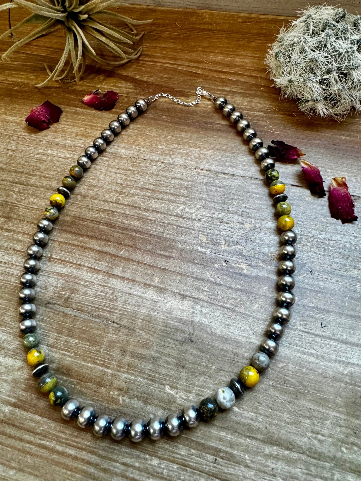 18 inch 8 mm Sterling Silver Pearls necklace and bumblebee jasper beads