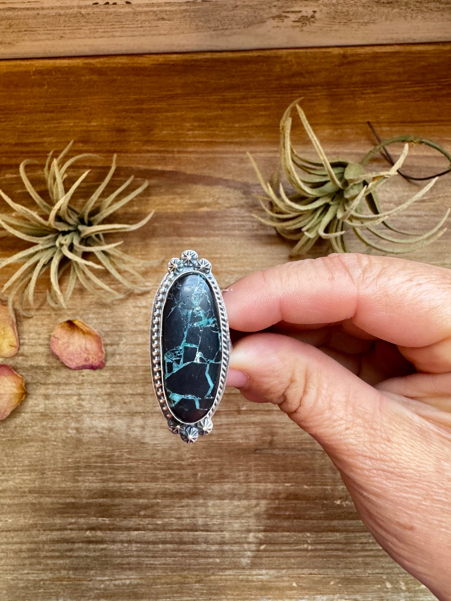 Sterling silver adjustable ring with Black Buffalo stone, USA made, one of a kind