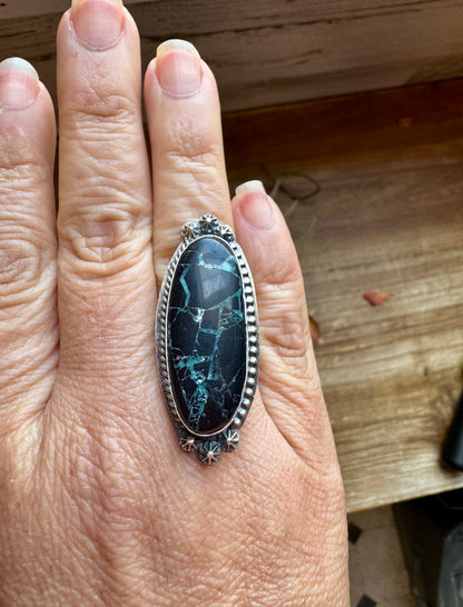 Sterling silver adjustable ring with Black Buffalo stone, USA made, one of a kind