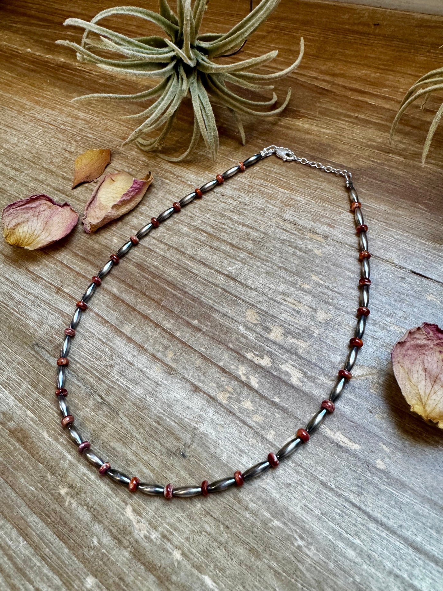 Handmade 14-inch sterling silver torpedo choker with red and purple spiny oyster heishi beads, plus extender, made by The Bijoux FAB