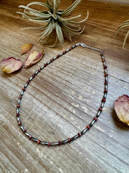 Handmade 14-inch sterling silver torpedo choker with red and purple spiny oyster heishi beads, plus extender, made by The Bijoux FAB