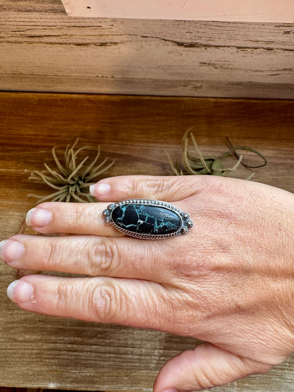 Sterling silver adjustable ring with Black Buffalo stone, USA made, one of a kind