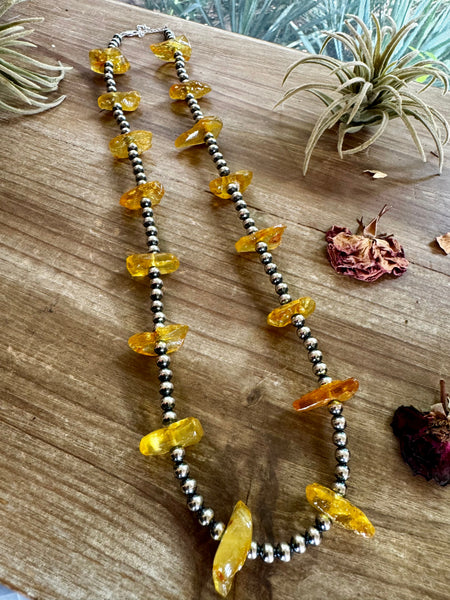 26 inch sterling silver pearls necklace with yellow amber beads
