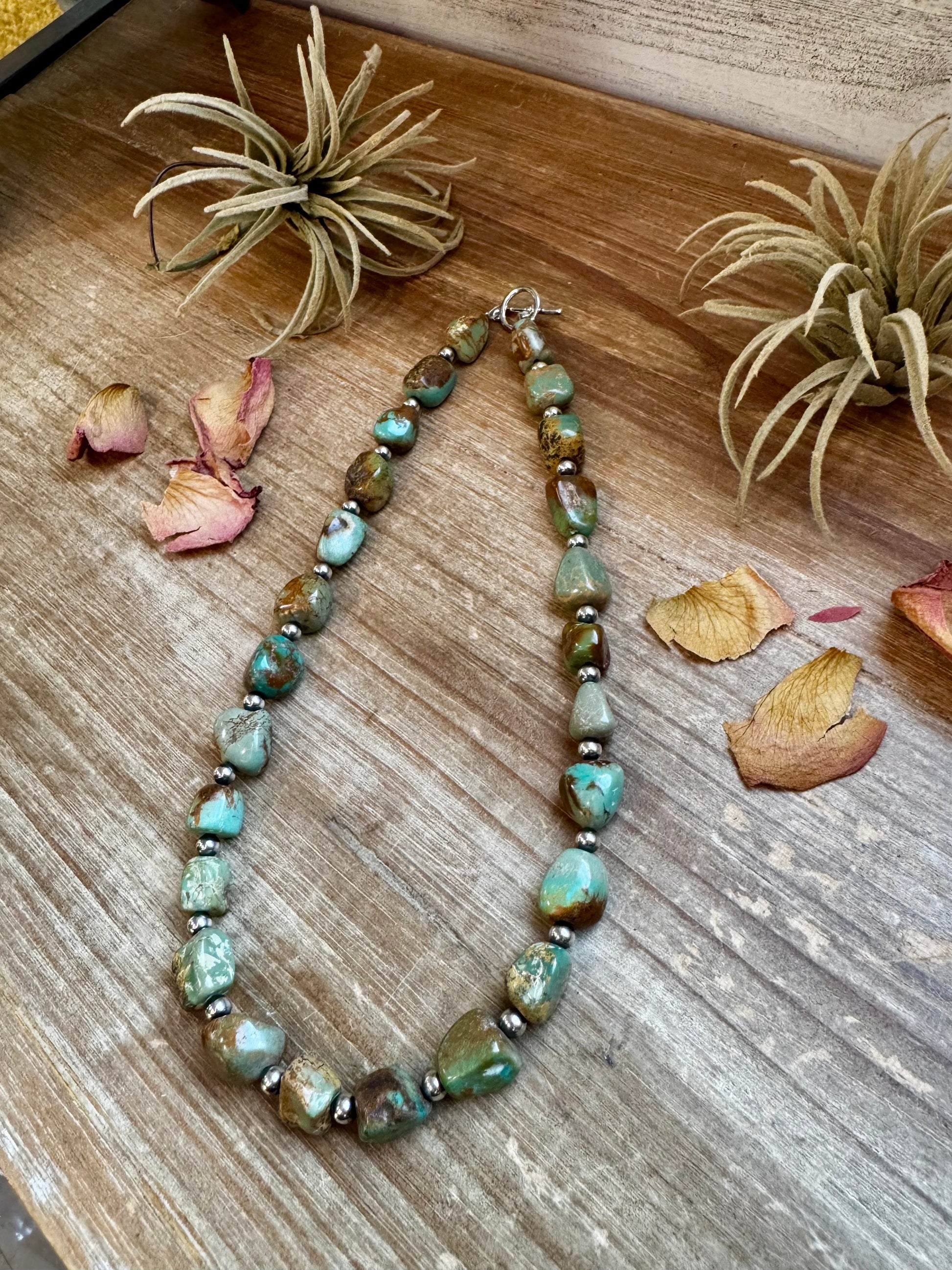 Handmade 18-inch chunky turquoise nugget necklace with alternating 5mm sterling silver pearls and non-tarnish hook, made by The Bijoux FAB