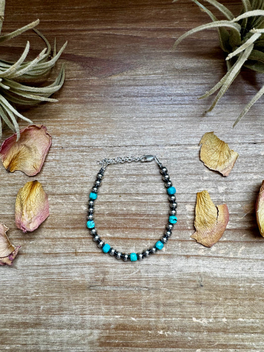 Handmade 5mm sterling silver pearl and faceted turquoise bracelet with sterling lobster clasp and extender, made by The Bijoux FAB