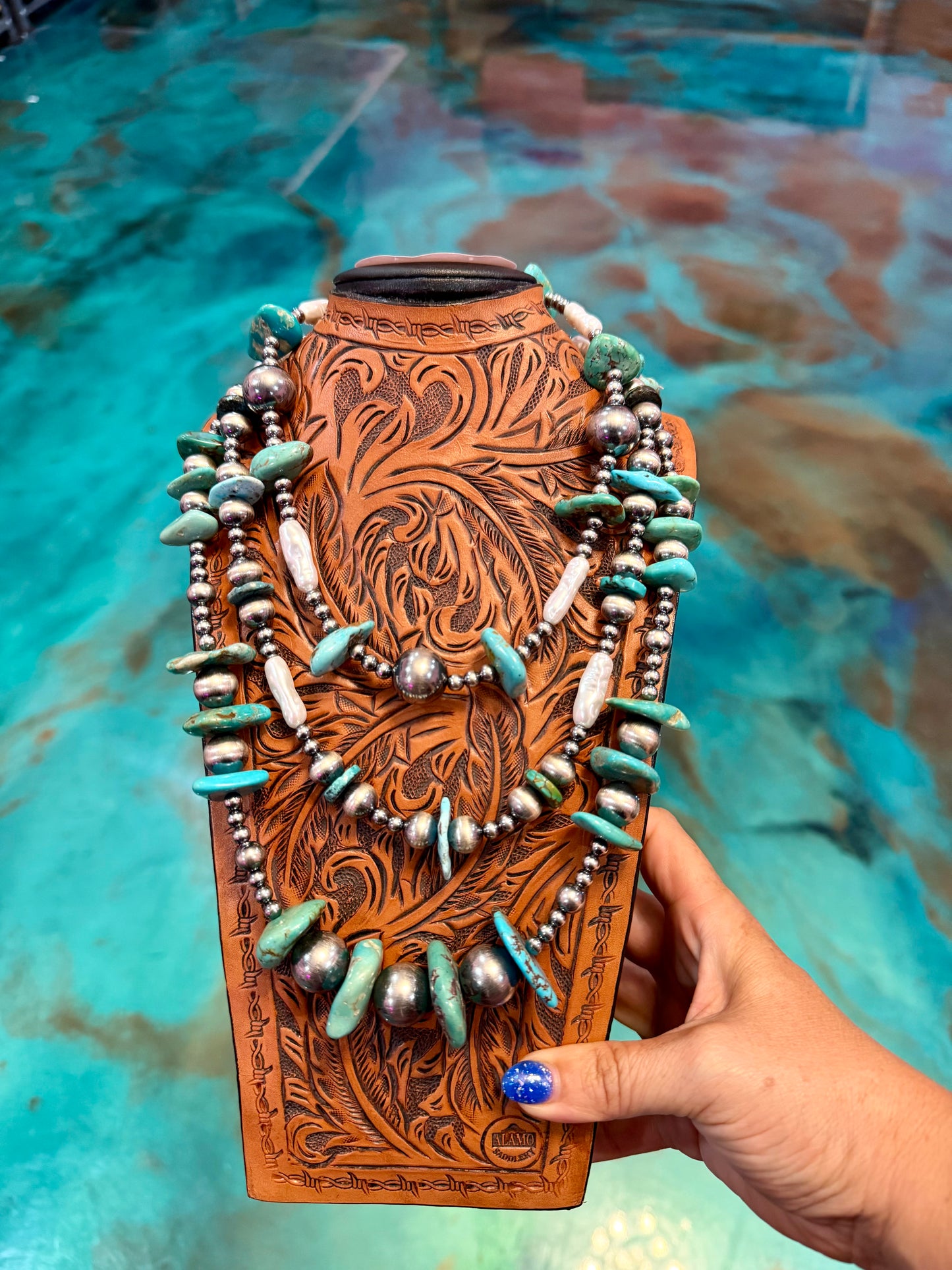 The Jaci Set – Three-Piece Turquoise, Freshwater Pearl & Graduated Sterling Silver Necklace Set