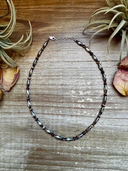 Handmade 14-inch sterling silver 4x12mm torpedo choker with purple spiny oyster heishi beads, finished with extender, made by The Bijoux FAB