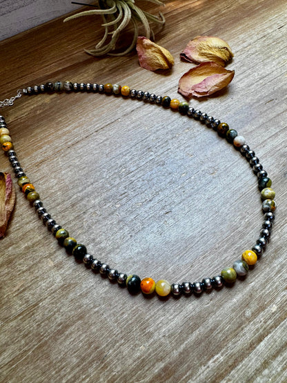 Handmade 18-inch necklace with 5mm sterling silver pearls and 6mm bumblebee jasper beads, finished with extender, made by The Bijoux FAB