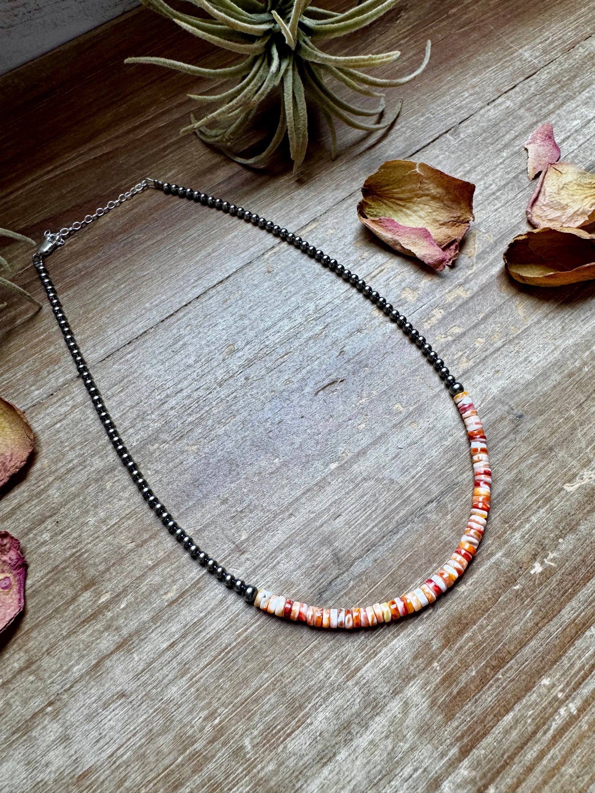 15-inch handmade necklace with orange spiny oyster heishi and sterling silver pearls, made in the USA