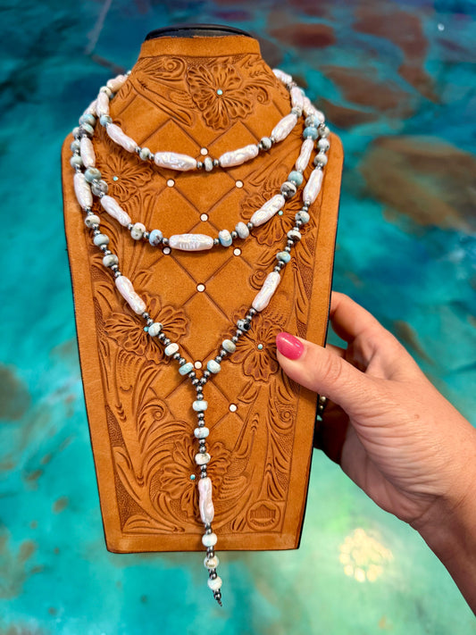 Jaci Stack – Larimar, White Shell & Sterling Silver Necklaces