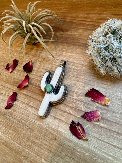 Cactus pendant white antler and turquoise