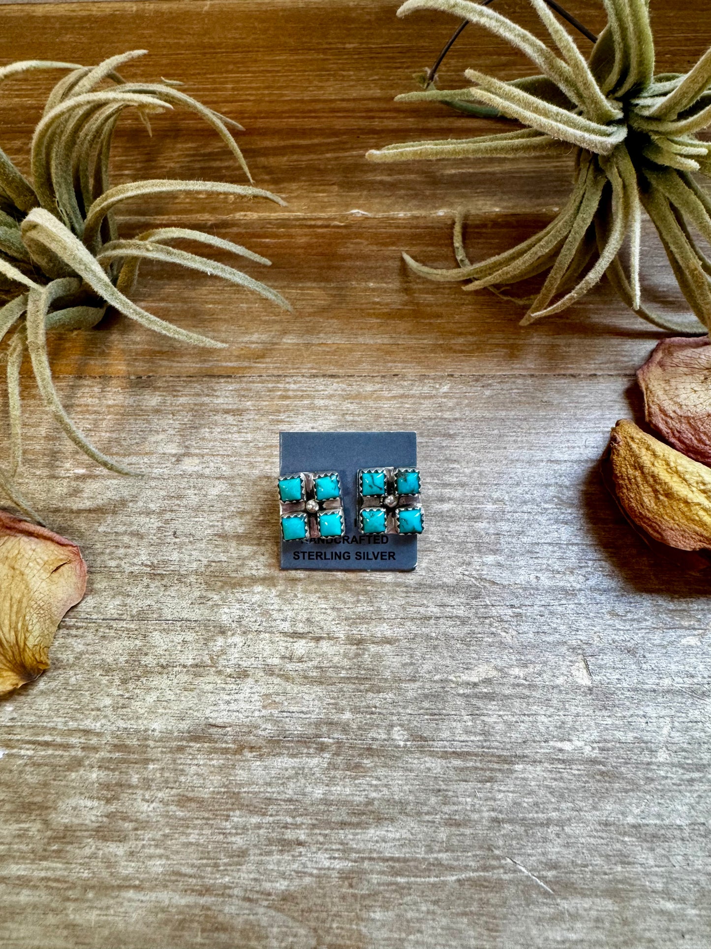 Square Kingman turquoise stud earrings with sterling silver post, Native handmade and stamped “N”