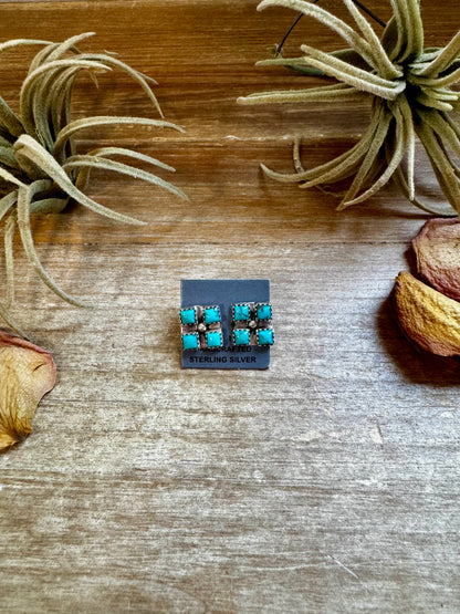 Square Kingman turquoise stud earrings with sterling silver post, Native handmade and stamped “N”