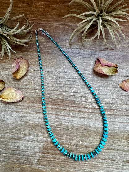 Handmade 20.5-inch turquoise disk necklace with graduated beads and 3mm sterling silver pearls, finished with lobster clasp and extender, made by The Bijoux FAB