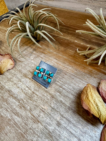 Square Kingman Turquoise Stud Earrings – Sterling Silver, Native Made, Stamped "N"