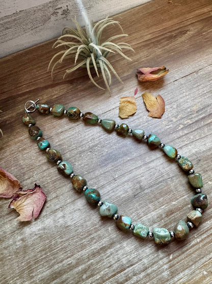 Handmade 18-inch chunky turquoise nugget necklace with alternating 5mm sterling silver pearls and non-tarnish hook, made by The Bijoux FAB
