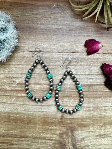 Real turquoise and 6 mm Sterling silver pearls teardrop earrings