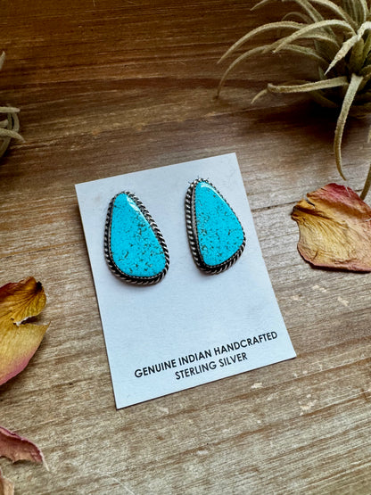 Kingman Turquoise Stud Earrings – 1.5 Inch Navajo Handmade by Donovan Nez