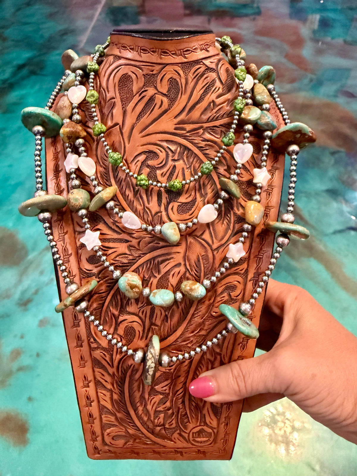 Jaci Stack – Green Turquoise, White Shell & Sterling Silver Necklaces