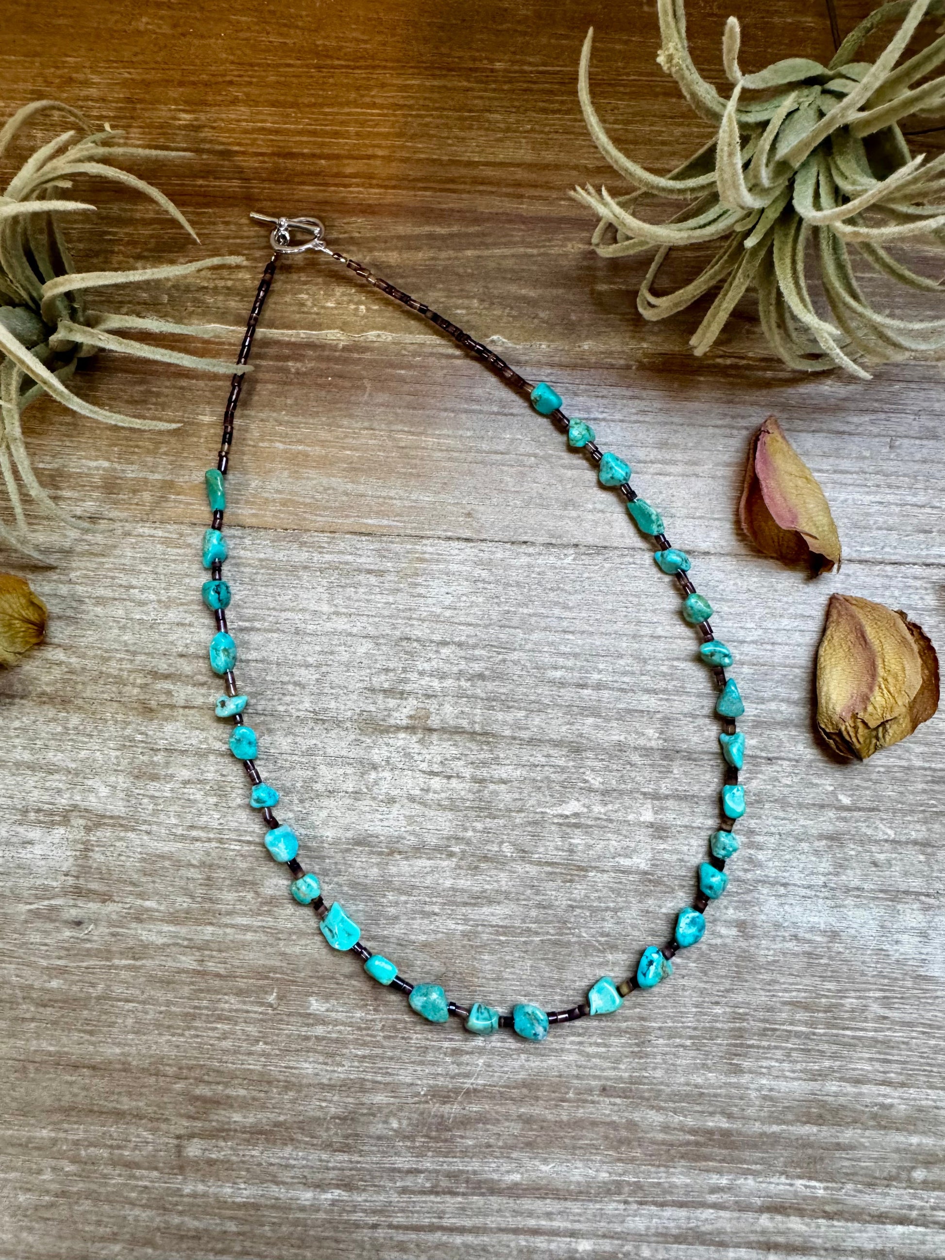 19-inch necklace featuring turquoise and shell beads, handmade by The Bijoux FAB, with bright natural stones