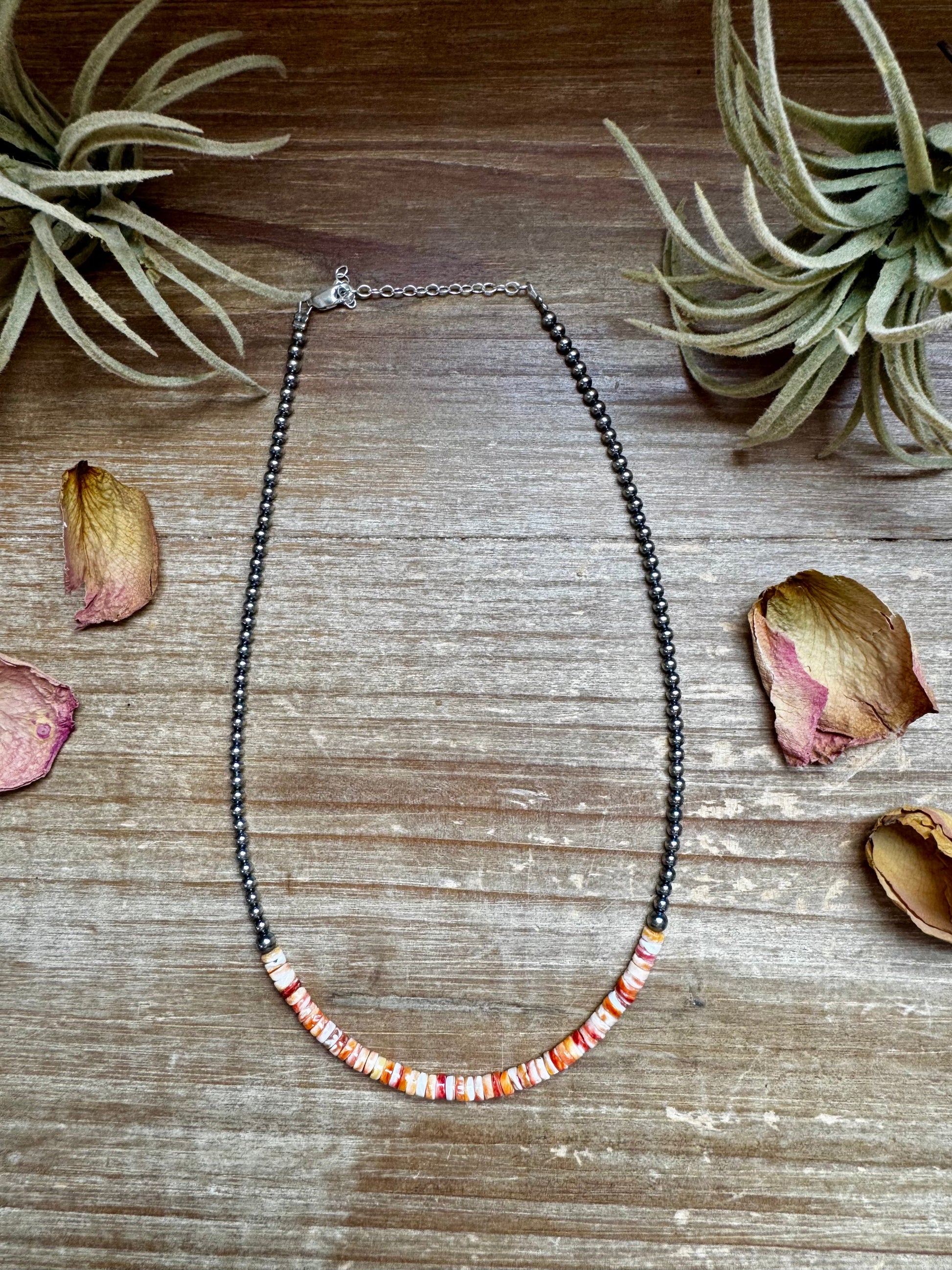 15-inch handmade necklace with orange spiny oyster heishi and sterling silver pearls, made in the USA