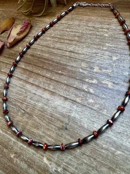 Handmade 14-inch sterling silver torpedo choker with red and purple spiny oyster heishi beads, plus extender, made by The Bijoux FAB