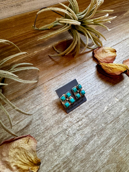 Square Kingman Turquoise Stud Earrings – Sterling Silver, Native Made, Stamped "N"