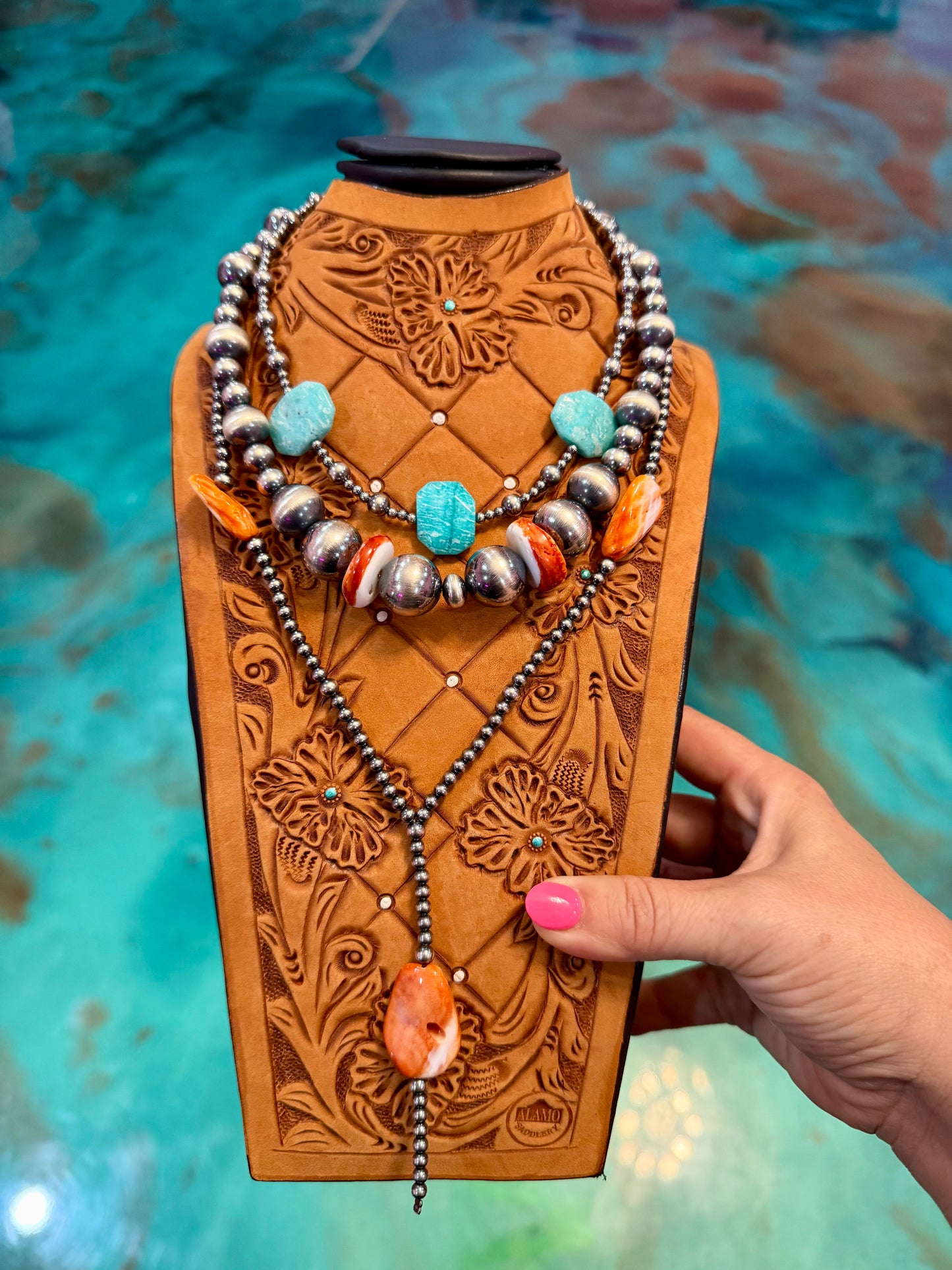 Jaci Collection – Amazonite & Spiny Oyster Sterling Silver Necklaces