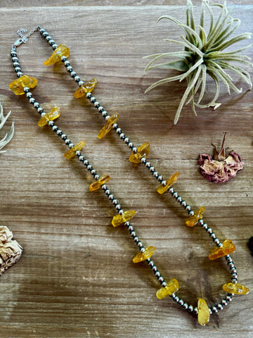 26 inch sterling silver pearls necklace with yellow amber beads