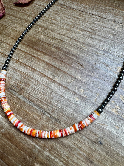 15-inch handmade necklace with orange spiny oyster heishi and sterling silver pearls, made in the USA